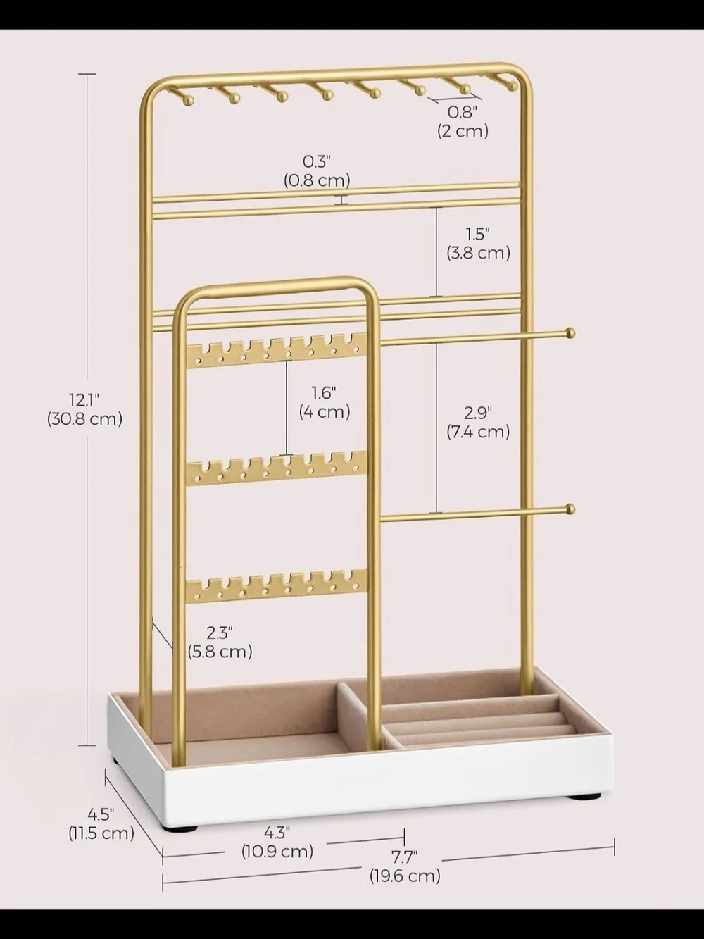 Gold Jewelry Organizer Stand with White Base and Velvet Tray